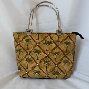 Palm Tree Canvas Tote Bag Rhinestone Metal Handles Small